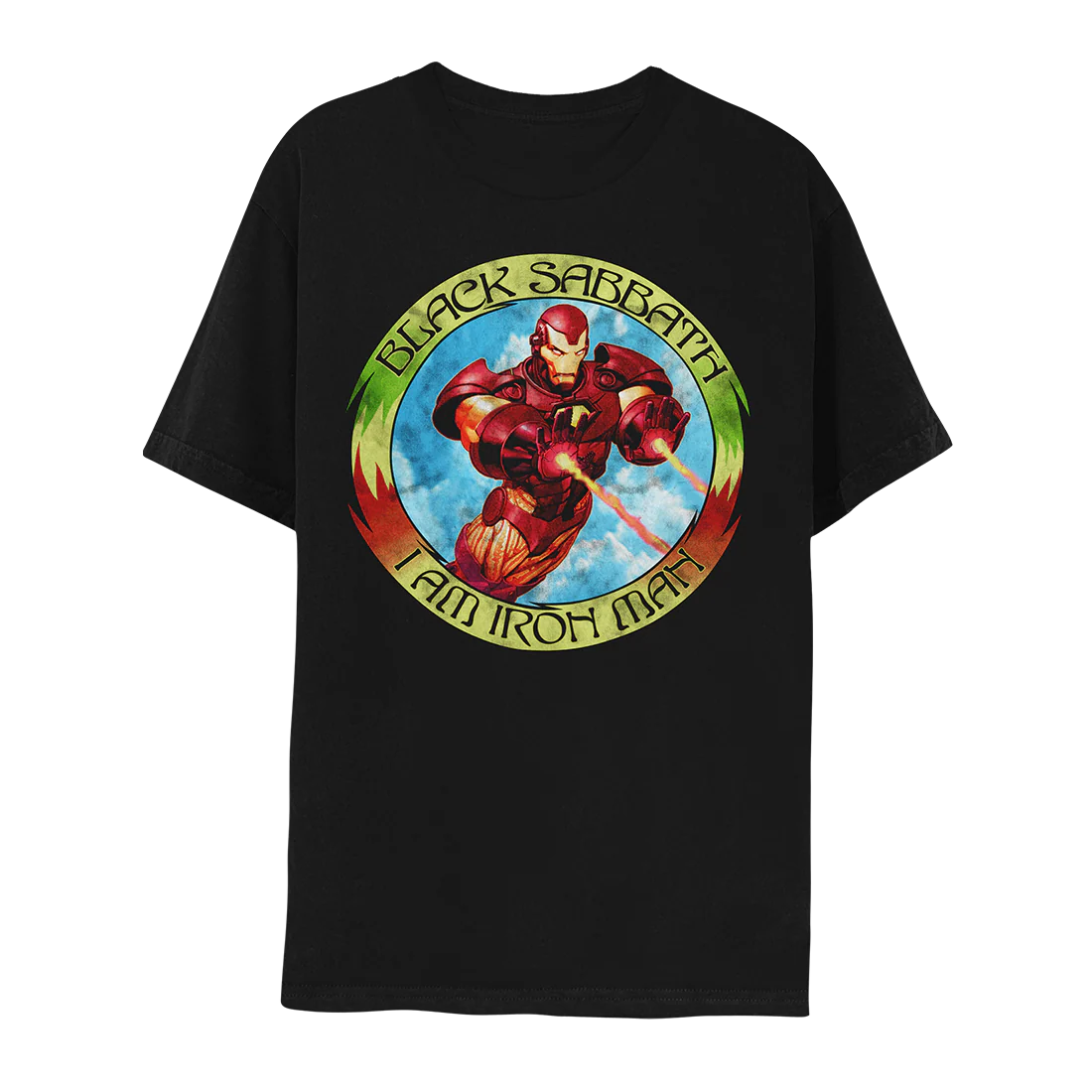 Black Sabbath - Marvel’s Iron Man by Black Sabbath, I Am Iron Man Circle Design Black T-Shirt